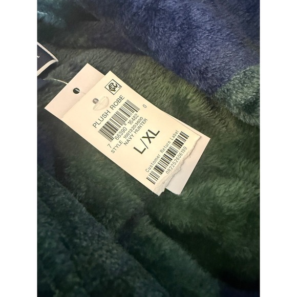 Club Room mens Navy / Hunter Green Plaid Belted Plush Pajama Robe S/M - Picture 6 of 7